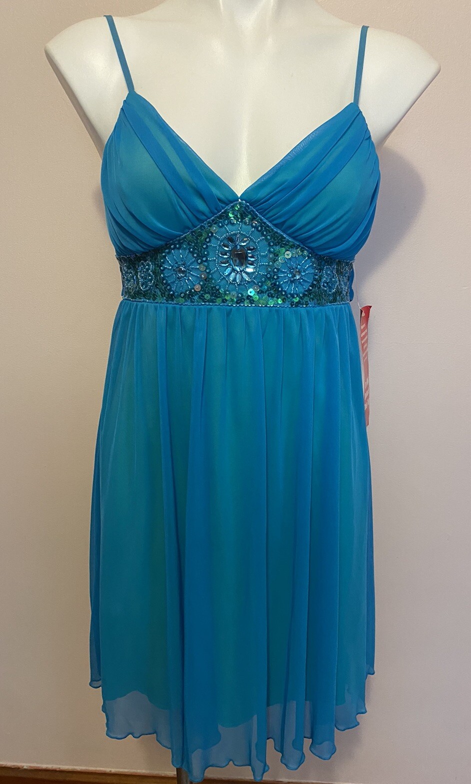 NWT VTG Y2K Blue Fairy Ballerina Mesh Bead Sequin City Triangle Prom Dress M