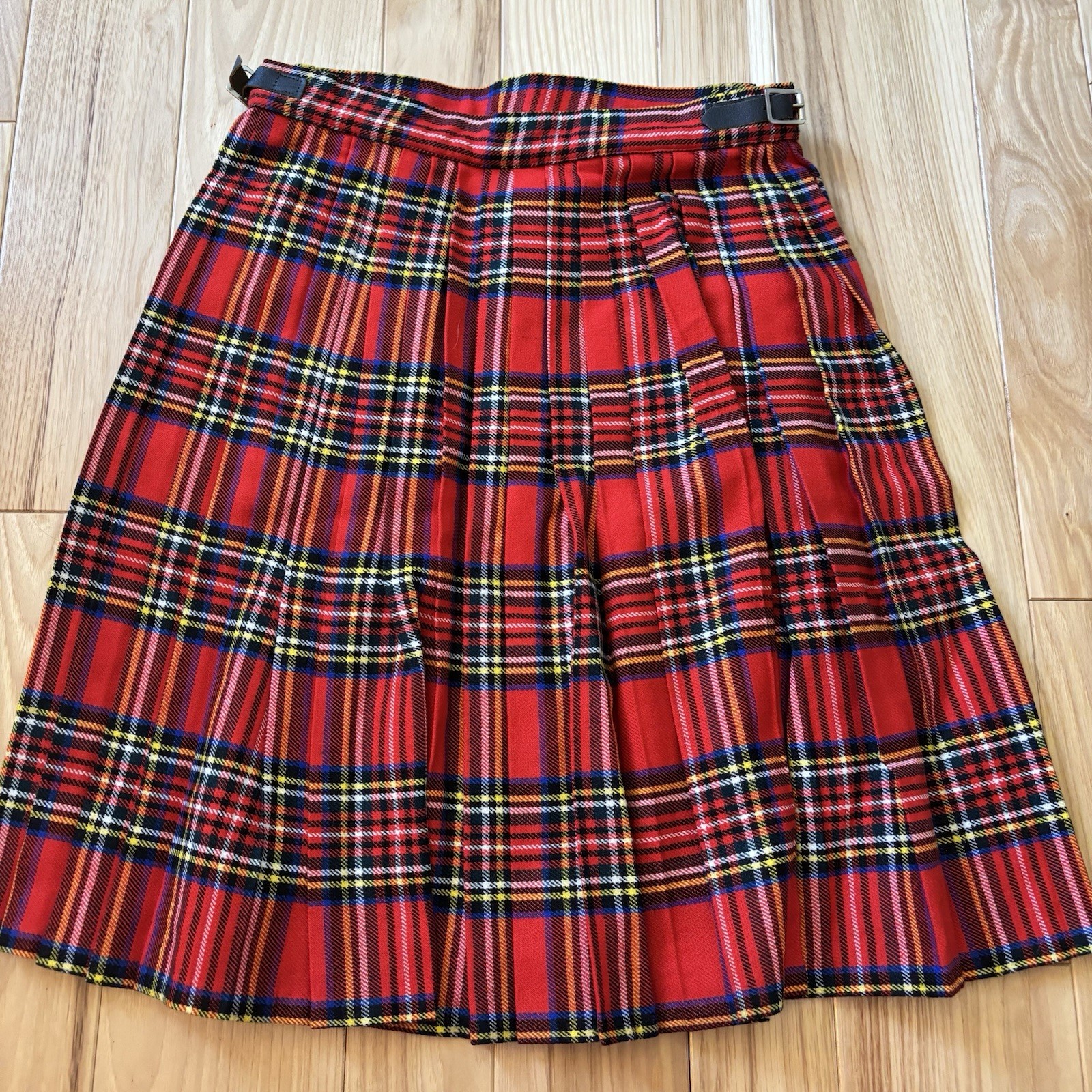 Vintage Pleated Red Plaid Wool Blend Buckle Accent Wrap Style Skirt