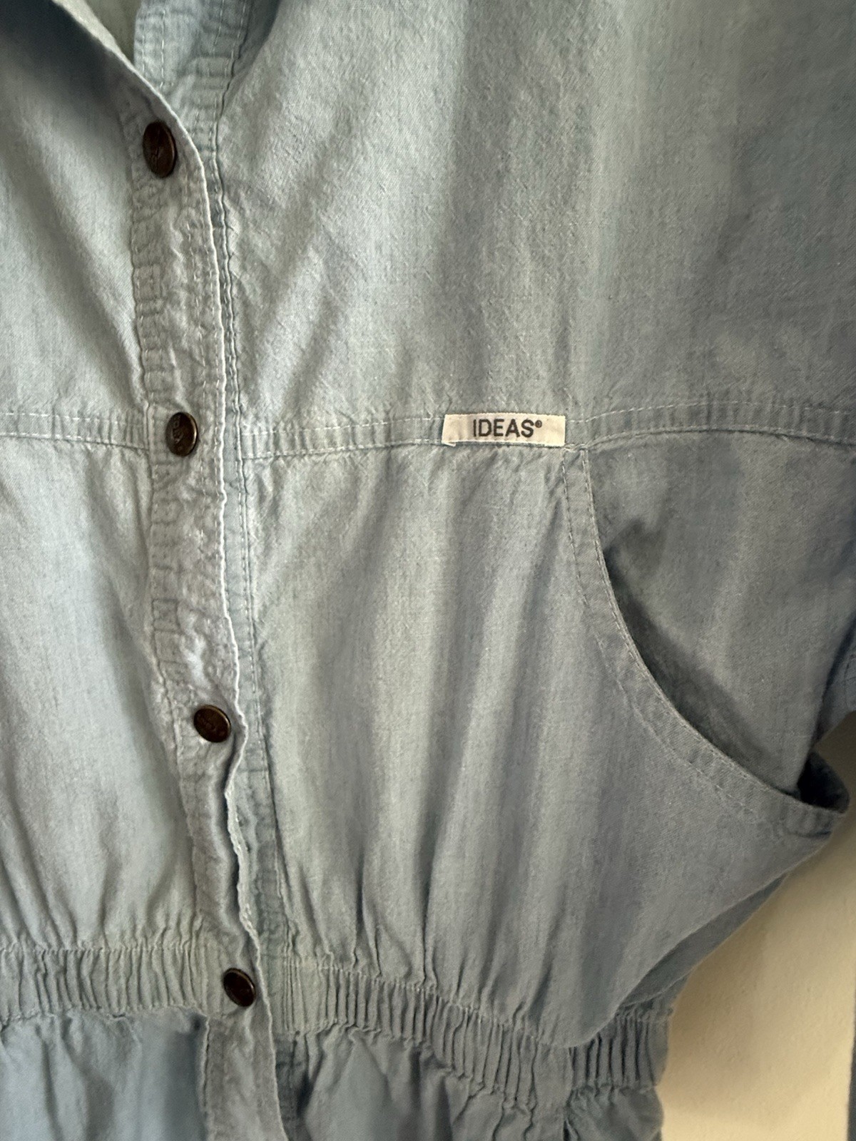 VINTAGE Ideas Retro Jumpsuit Coveralls Womens Blue Chambray Snap Button 80s 90s