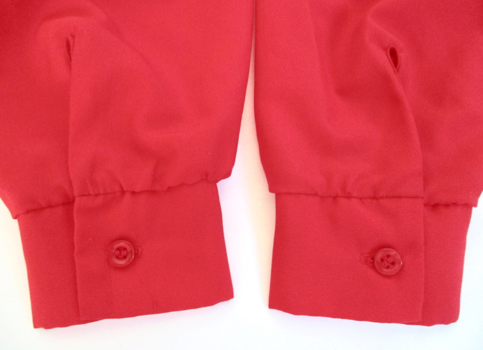 Vtg 70s 80s Red Silky Secretary Blouse Top Pin Tuck Tuxedo Pleats Puff Slvs 10