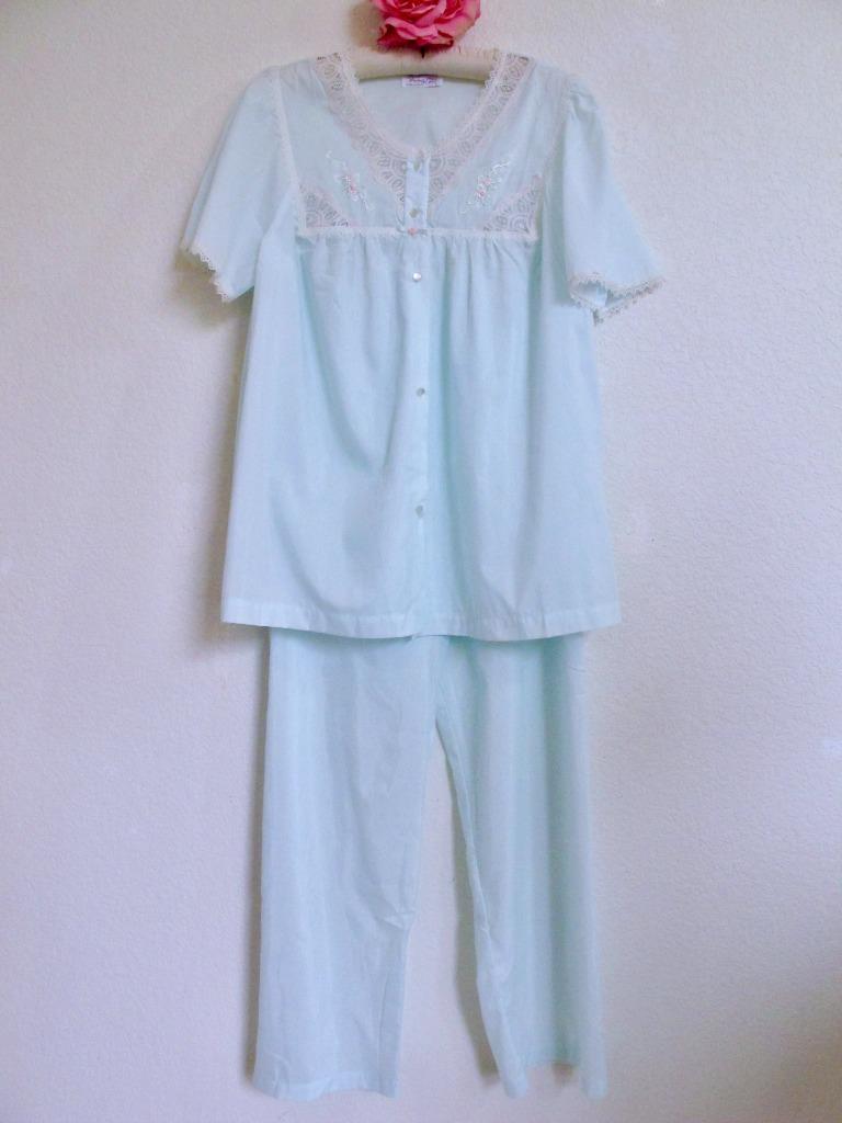 Vintage 60s Vanity Fair 2 Pc Pajama Set L Pale Aqua Embroidery Lace Short Sleeve