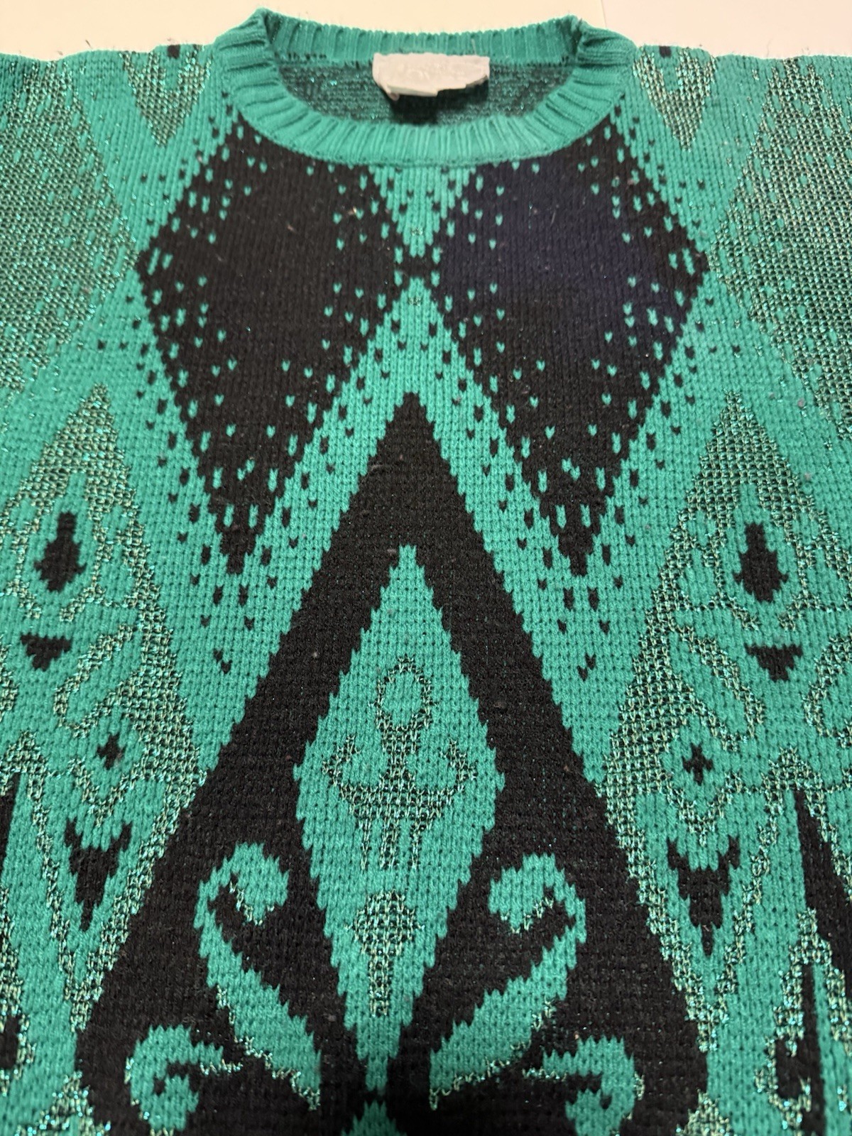 VTG Joyce Acrylic Knits Sweater Sz L Green Black Sparkle Clothing Geometric 80s