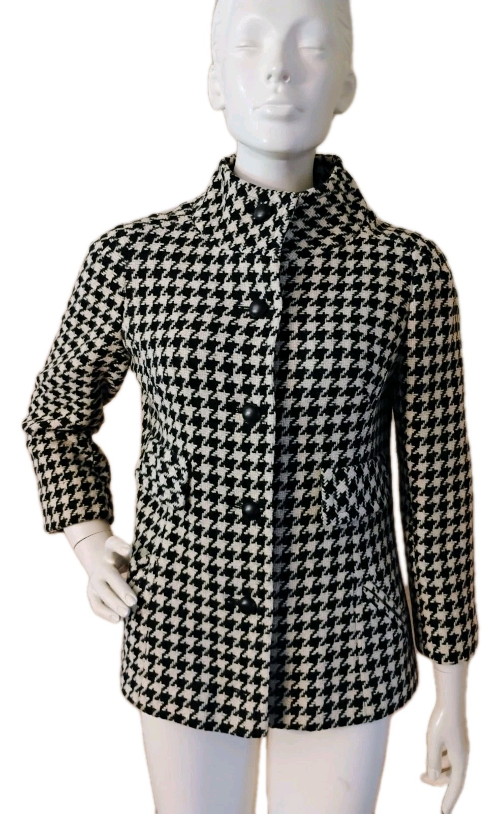 VTG 50’s „Paper Label” Black/White Houndstooth Funnel Collar/Blk Buttons Jacket