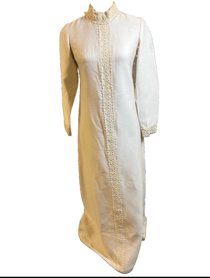 Vintage 70’s Victorian Prairie Revival High Neck Loop Lace Trim Wedding Dress