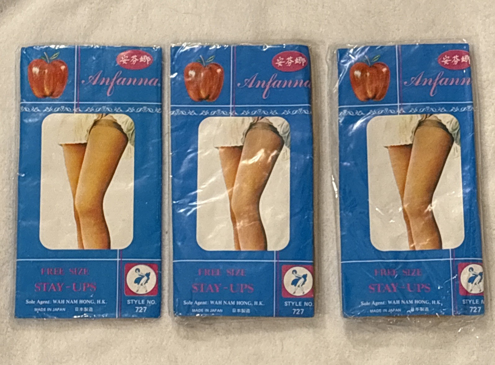 Lot Of 3 Vintage ANFANNA Apple 100% Nylon Stay Ups Color 2/Nude Made In Japan