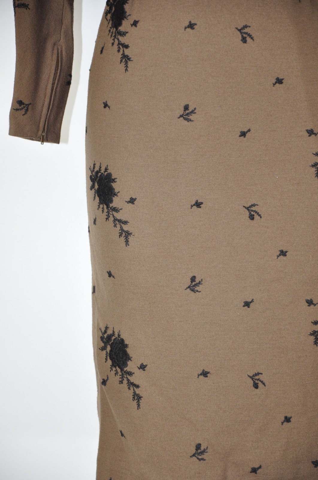 60s Vintage Brown Wool Rose Floral Embroidery Midi Sheath Wiggle Dress Women XS