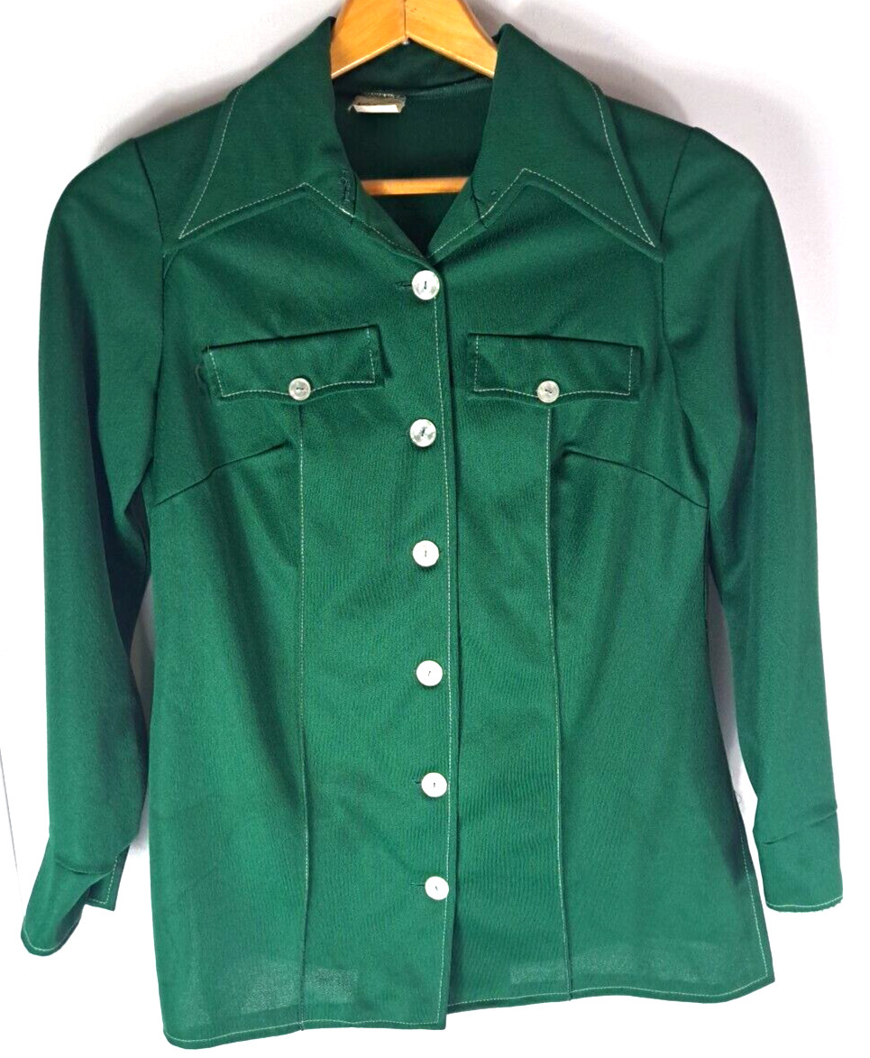 Vintage Womens Leisure Suit Jacket Top Kelly Green Western Stitch Disco M / L