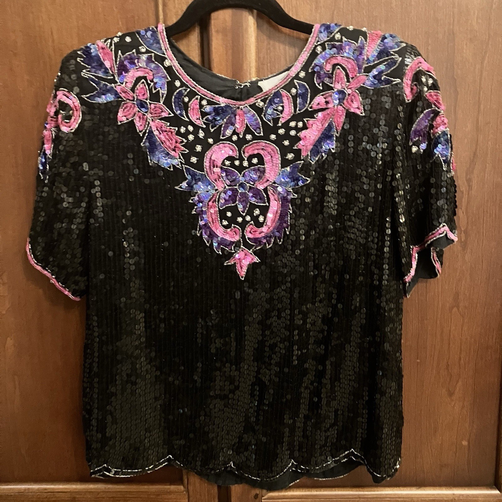 Vintage Silk Sequin Top Women’s PM Black 80s Beaded Colorful Party Golden Girls