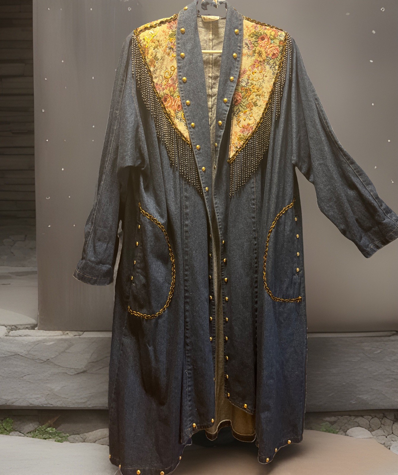 RARE Vintage 80s Charle Casuals Beaded Tapestry Gold Denim DUSTER BOHO See Pix