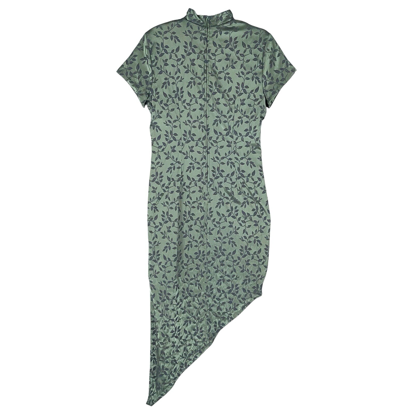 Vintage 90s Dawn Joy Green Cheongsam Maxi Dress Satin Floral Goth Grunge 9/10