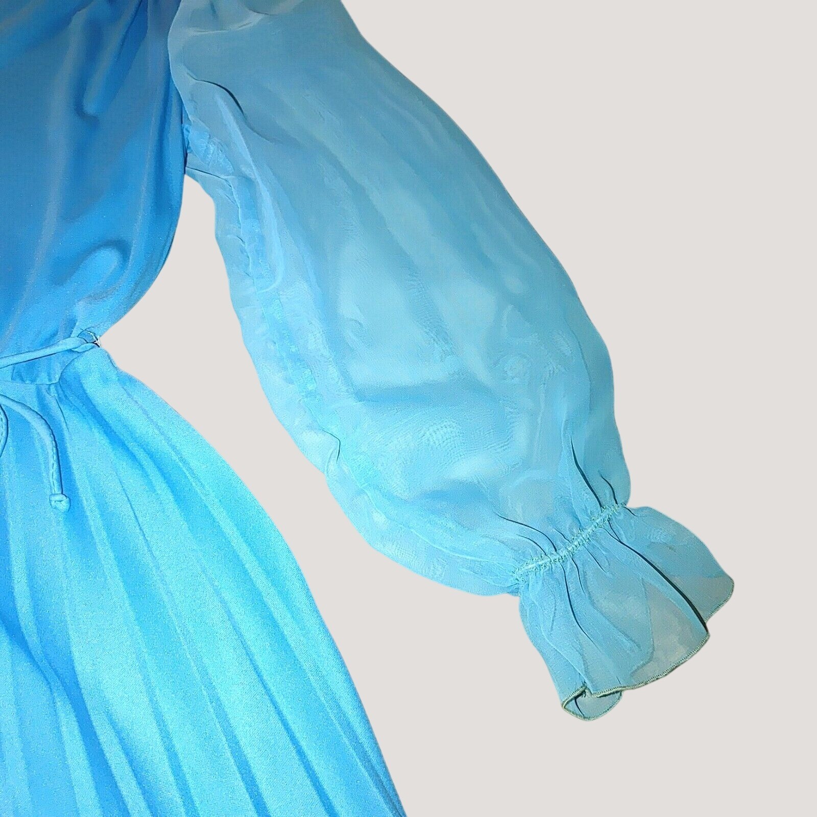 Turquoise Blue Long Sleeve Dress Sz 10 Vintage Sheer Sleeves Pleated Skirt Retro