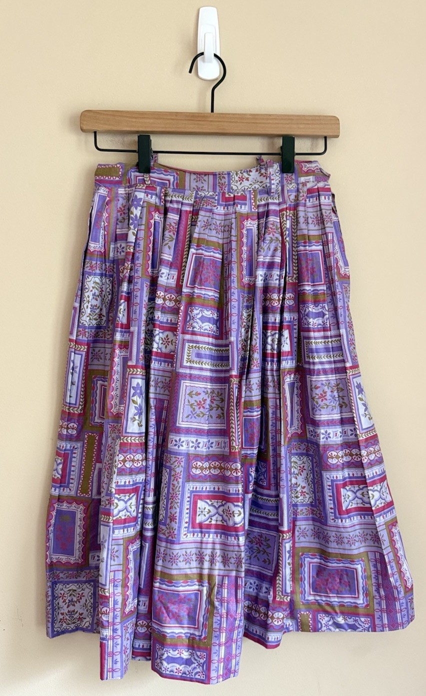 Pleated Full Skirt Vintage 1950s 1960s Purple Pink Print Rockabilly Size 0 2 XS