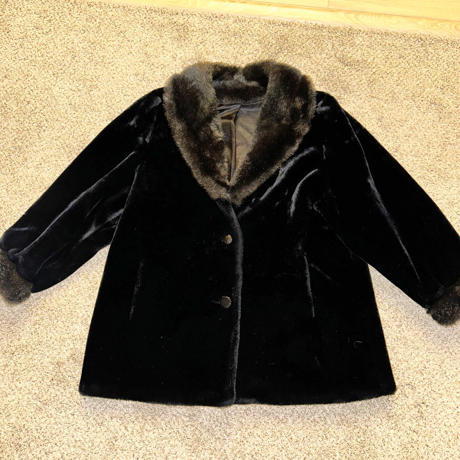 Hilmoor NY Vintage 1950’s Women’s Black Faux Fur Brown Collared Coat Style XL