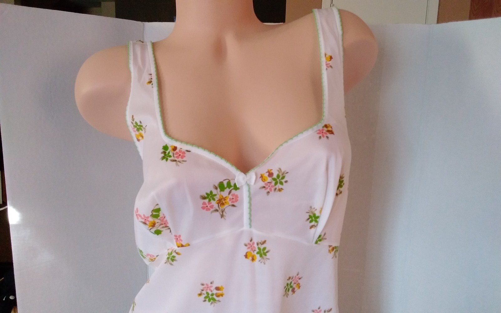 Vintage 60’s Full Slip Dress Chemise European Wide Strap Retro White Floral M