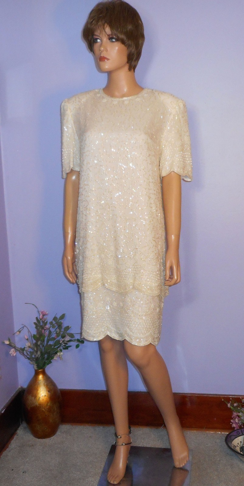Vtg ‘80s Brilliante Winter White 100% Silk Sequined & Beaded Party Dress, L