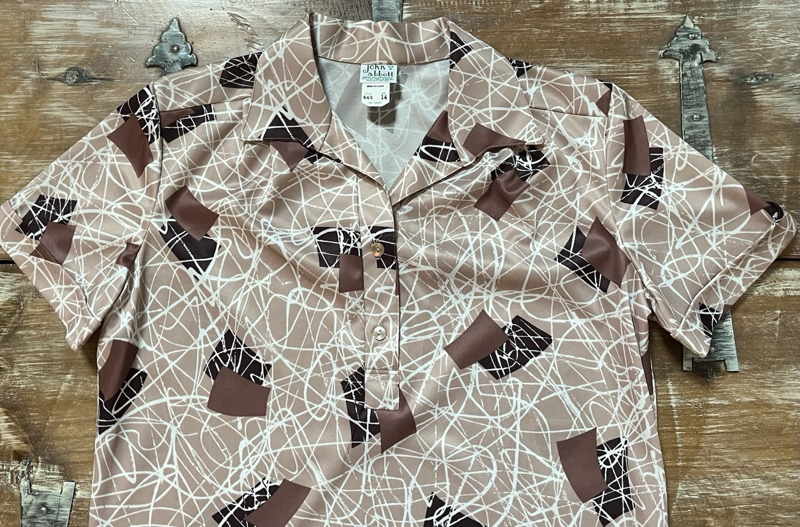 VTG John Abbott 60-70s Blouse Short Sleeve-Button Shirt RETRO-Abstract-14 L-XL