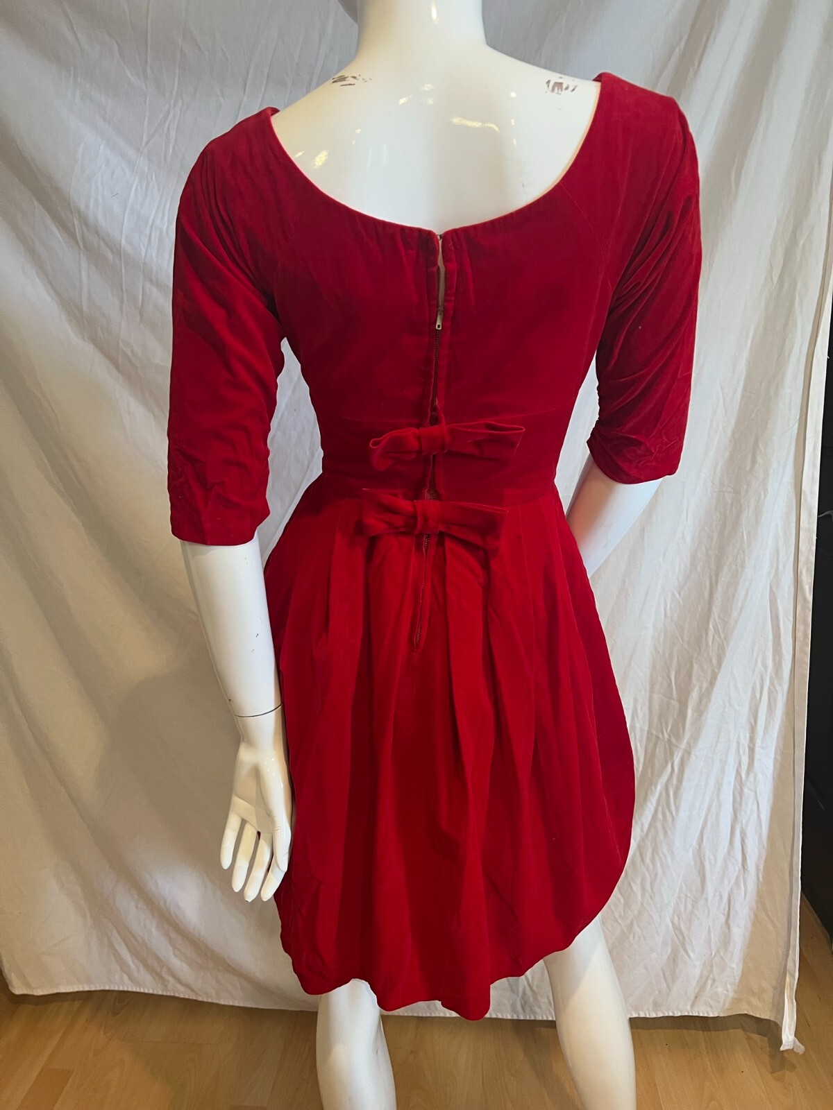 1950’S VELVET BOW TRIM A-LINE FULL DRESS SIZE XS XSMALL
