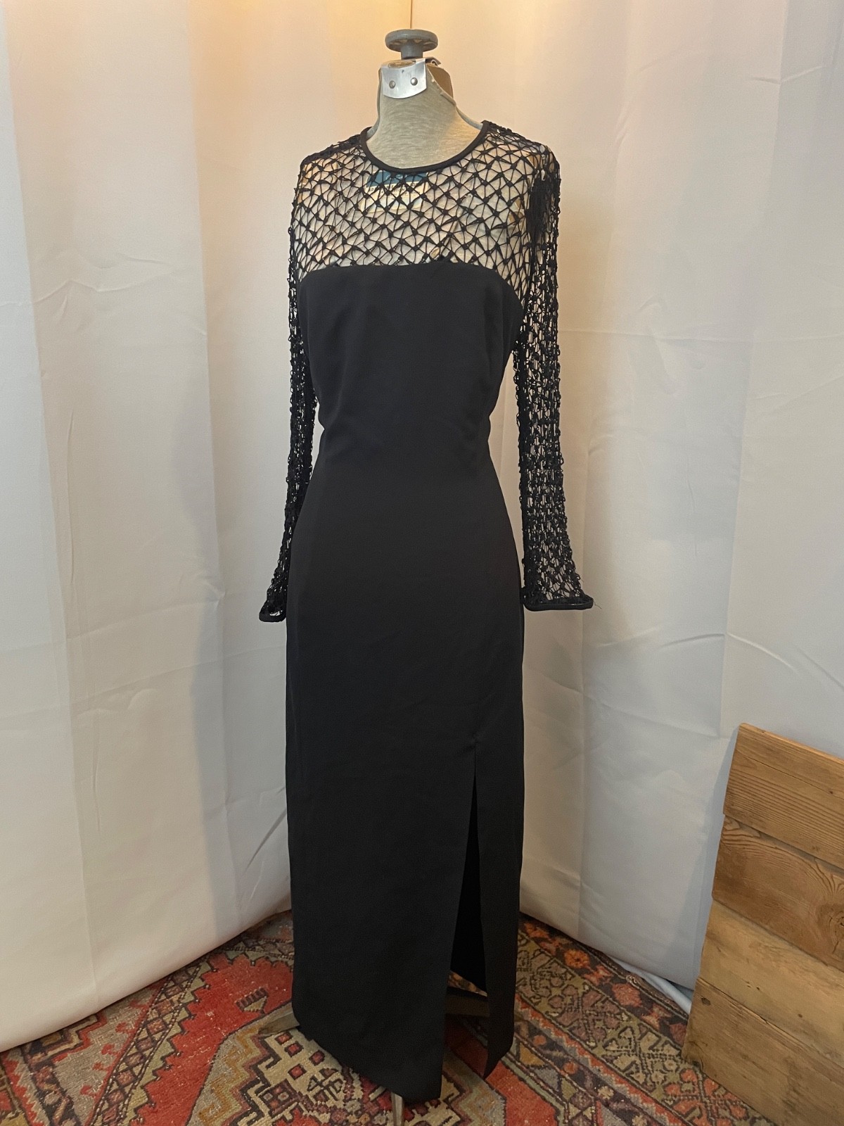 Black Sheer Mesh Lace Dress 1990s Vintage Minimalist Eveningwear M