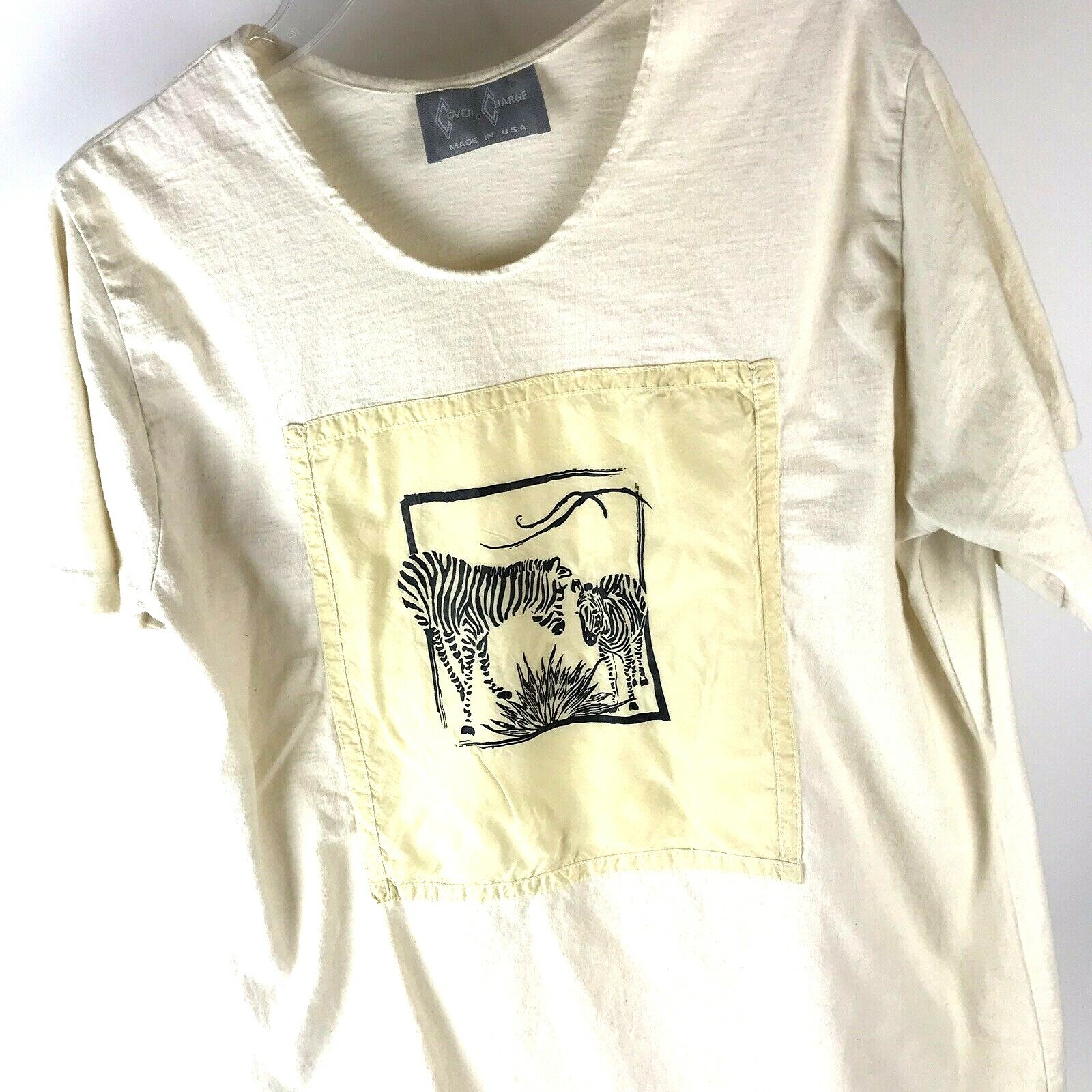 VTG 90s Women’s Top Cover Charge Zebra Tribal Jungle cotton Tunic L USA boho