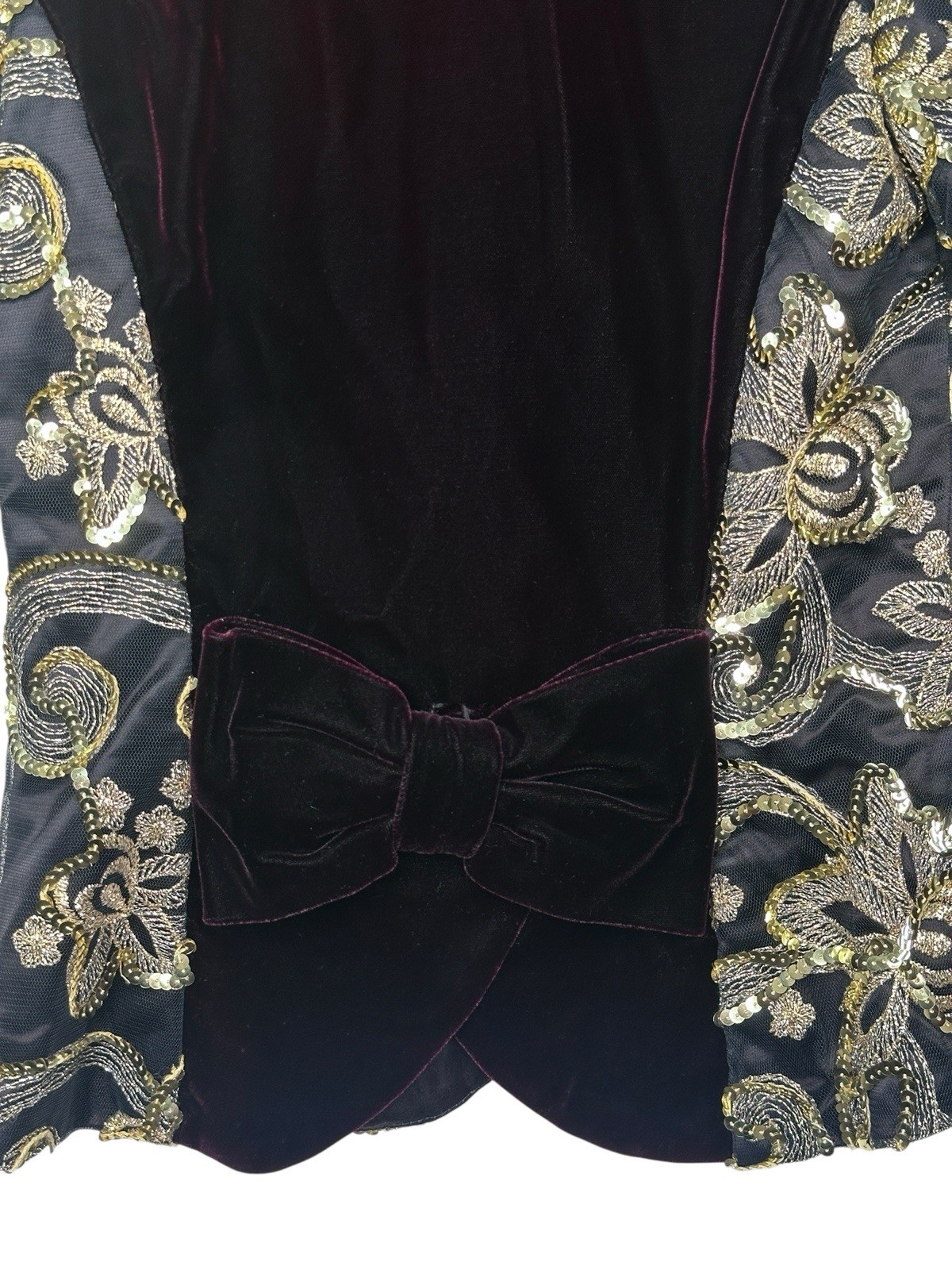 Jessica McClintock GOLD Metallic Sequin Velvet Bow Blazer Large 80’s Burgundy 3
