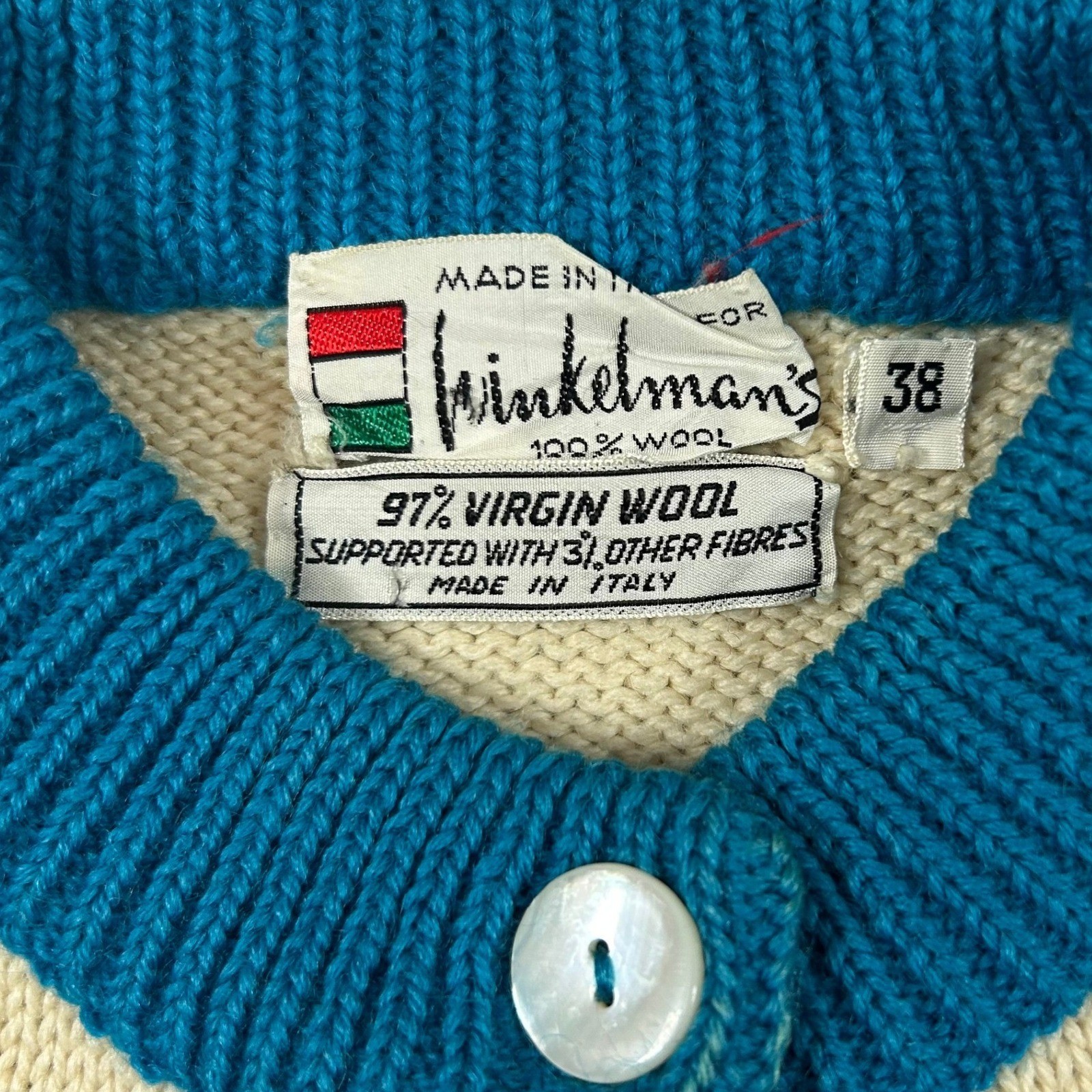 Winkelmans Vintage Sweater Cardigan Fair Isle Blue White 38 Virgin Wool Italy