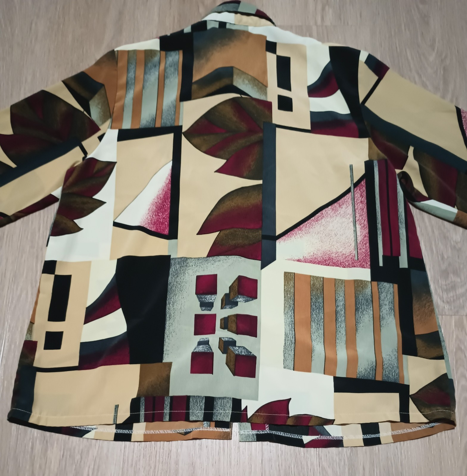 Vtg 80s Geometric Patchwork Print Kitsch New Wave Statement Button Up Top XL