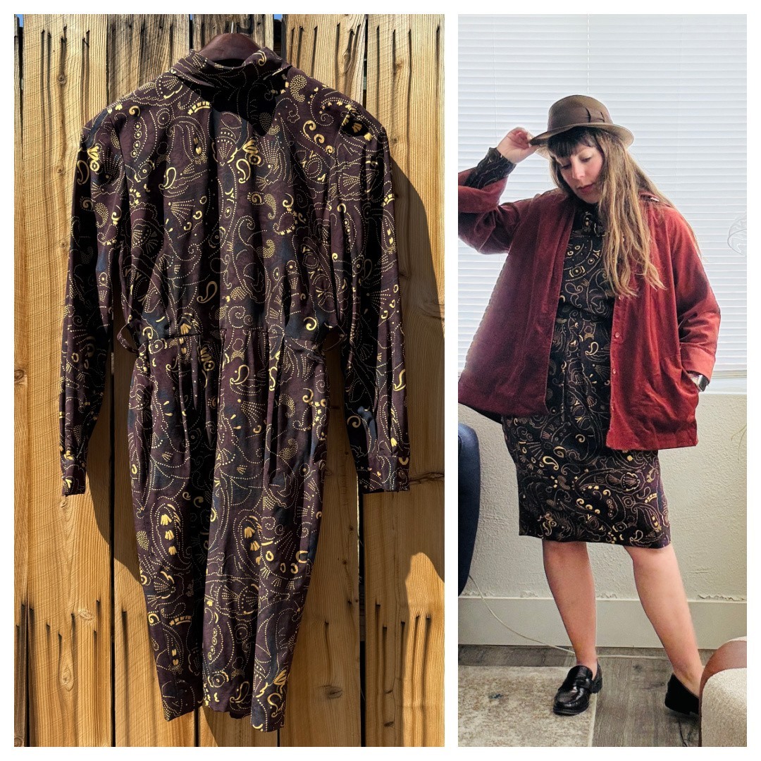 Vintage Dress 80s Long Sleeve Silk Paisley Printed Fitted Sheath High Collar M