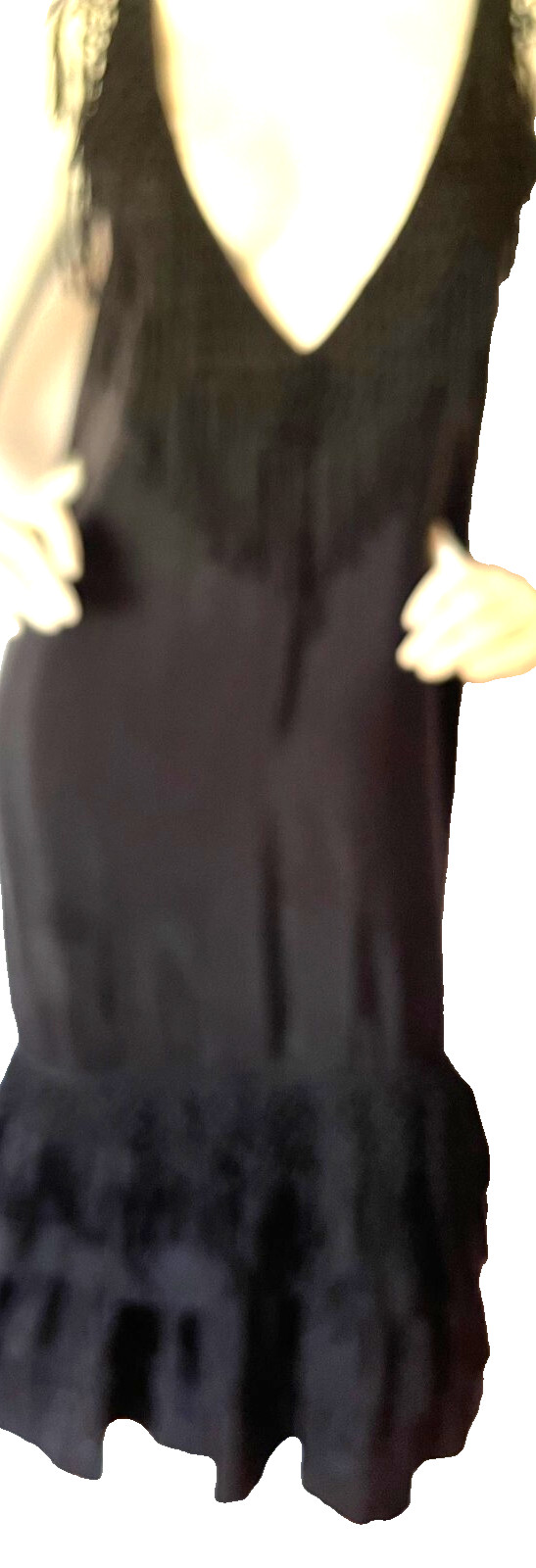 Black Silk Satin 1920 Flapper Sleeveless Dress W/ Fringe Four /Ruffles at Hem