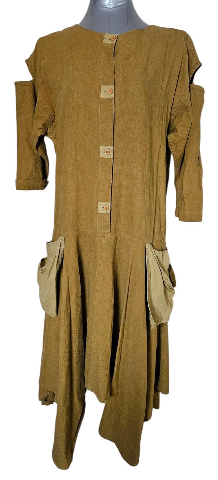 Vtg IN-WEAR Kirsten Teisner Lagenlook Dress Mustard Cold Shoulder Avant Garde S