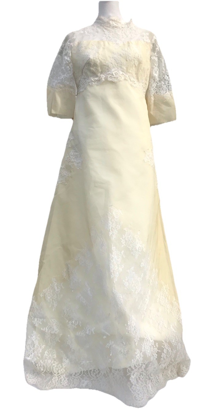 Vtg 60s 70s Lace Cream Wedding Gown Dress Edythe Vincent Alfred Angelo Boho S M