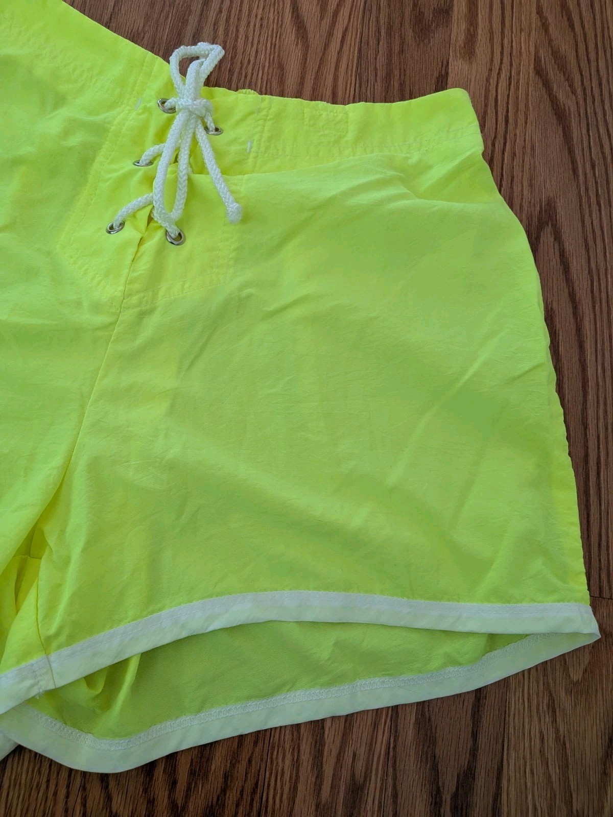 Vintage 90s Kathy Ireland Neon Yellow lace up front board shorts nylon M surf