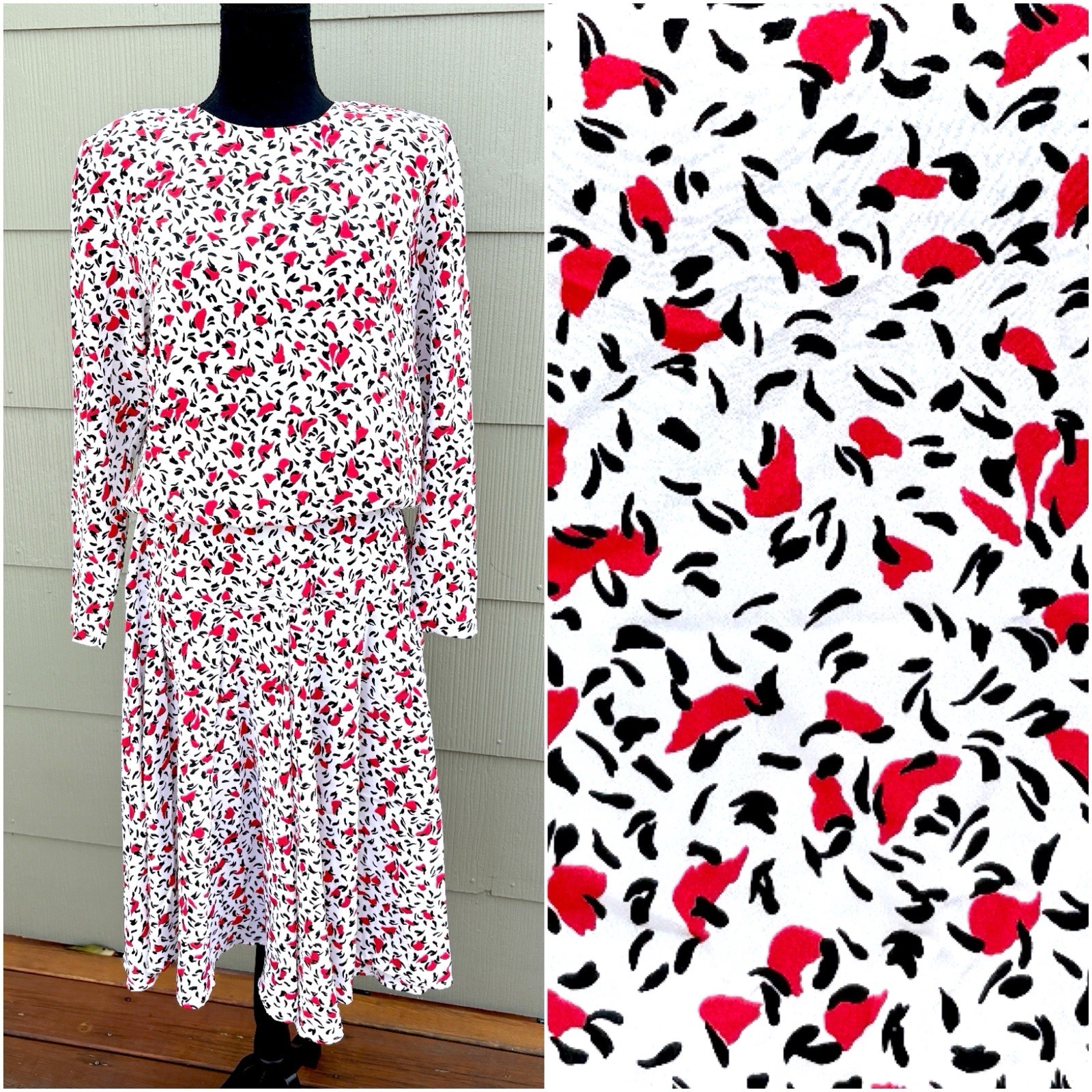 vtg 70s 80s Red White & Black Abstract Print Drop Waist Blouson Secretary Dress