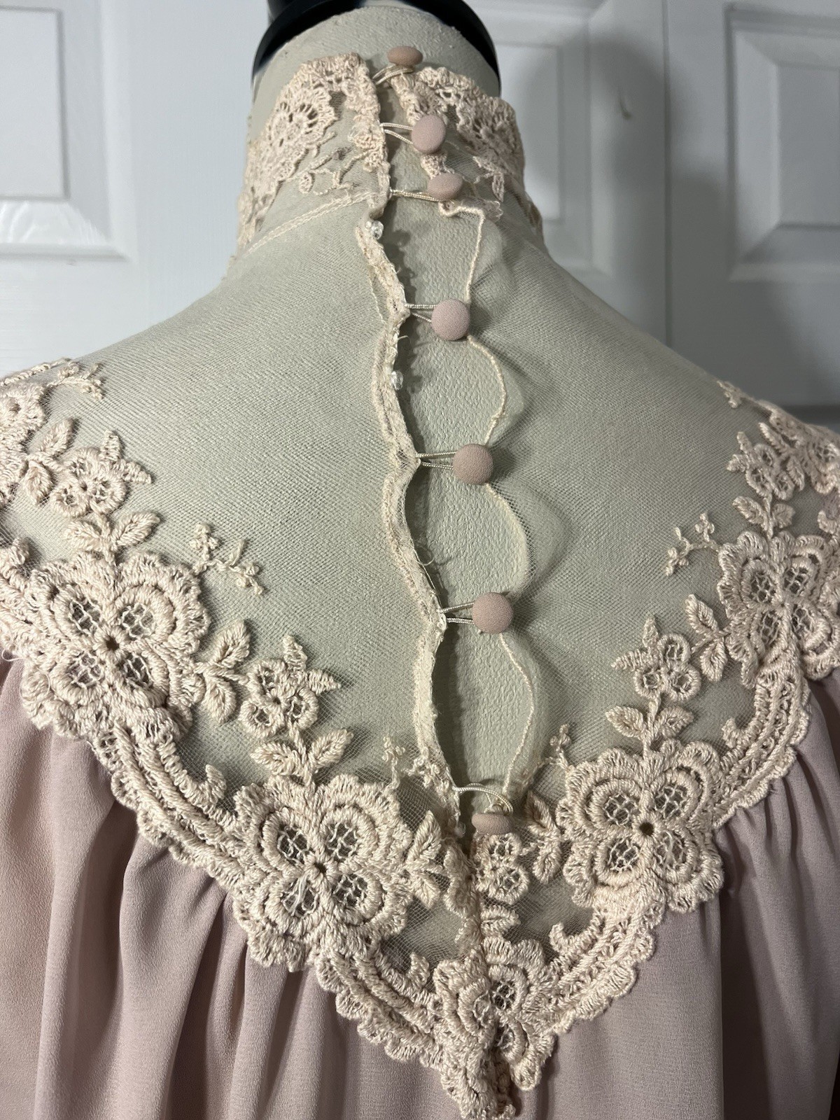 Victorian Chiffon Net Lace Blouse Sand Beige High Neck S/M