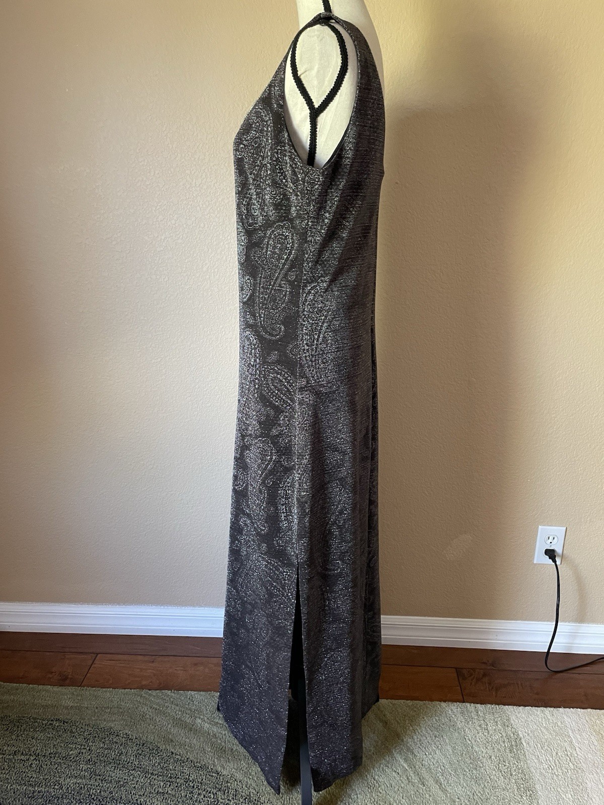 Vintage 90 Y2K Metallic Knit Sparkle Rhinestone Trim Maxi Dress Lurex Paisley 14