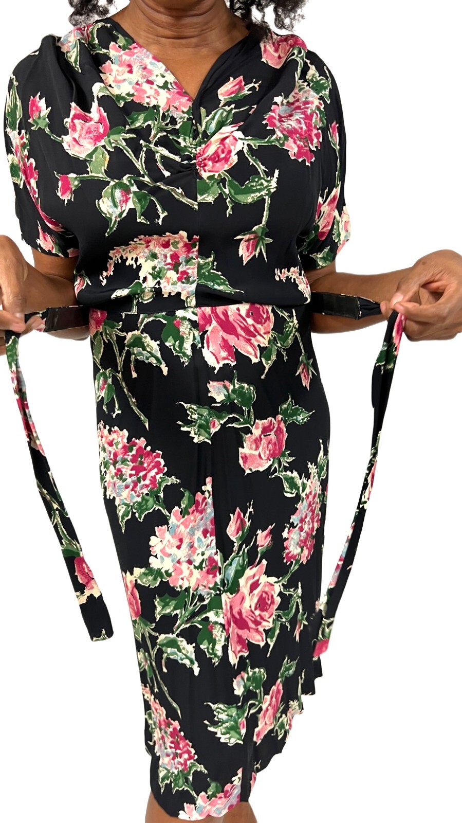 Famous Frocks VTG 1940s WW2 Black Rayon Floral Dress Pink Green Print Swing M