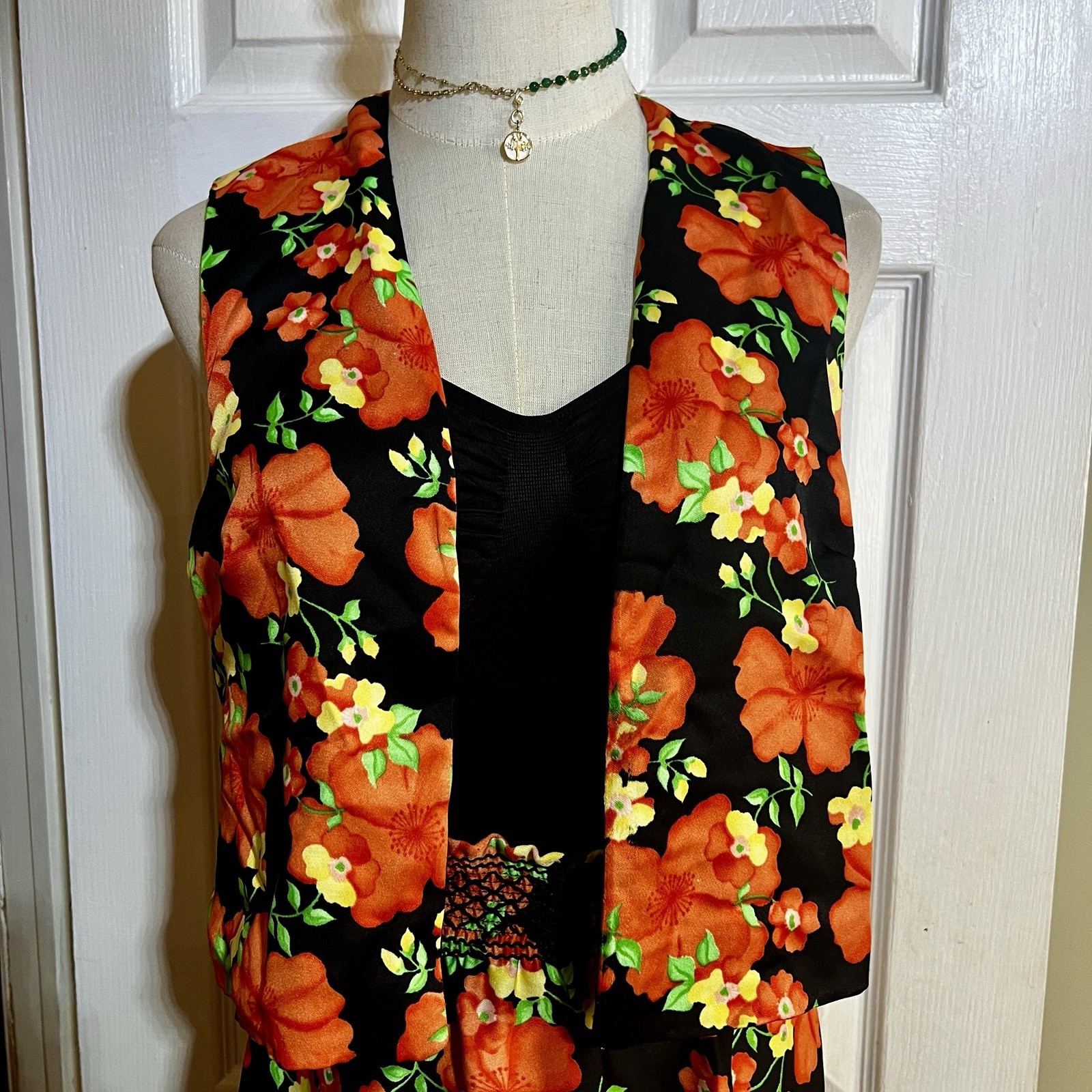 Vtg Wms 2Pc Floral Coral Vest Mini Skirt Retro Preppy Mod Boho Casual Set M/L