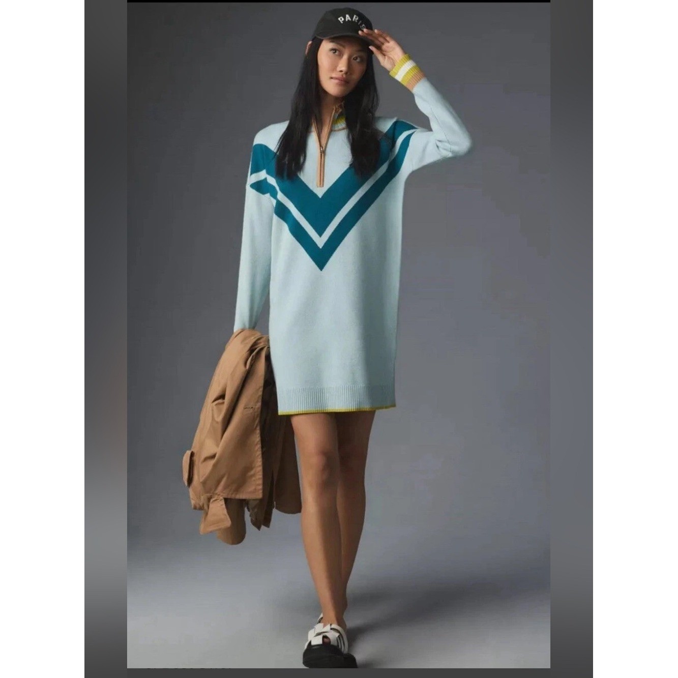 Anthropologie Maeve VarsityLight Blue Chevron Zip-Neck Sweater Dress – Unbranded