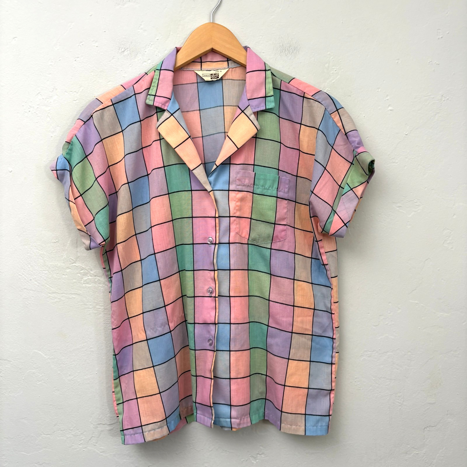 Sears Vintage Windowpane Plaid Top Women Vintage Size 14 Small Pastel Button Up