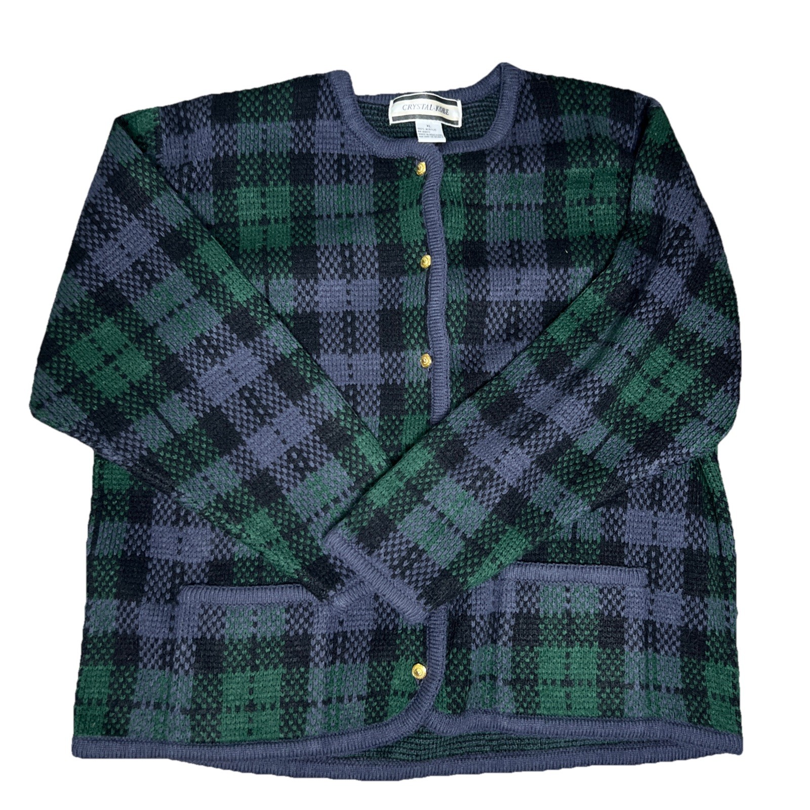 VTG Crystal-Kobe Plaid Cardigan Sweater Purple/Green/Black, Office, Party 90s