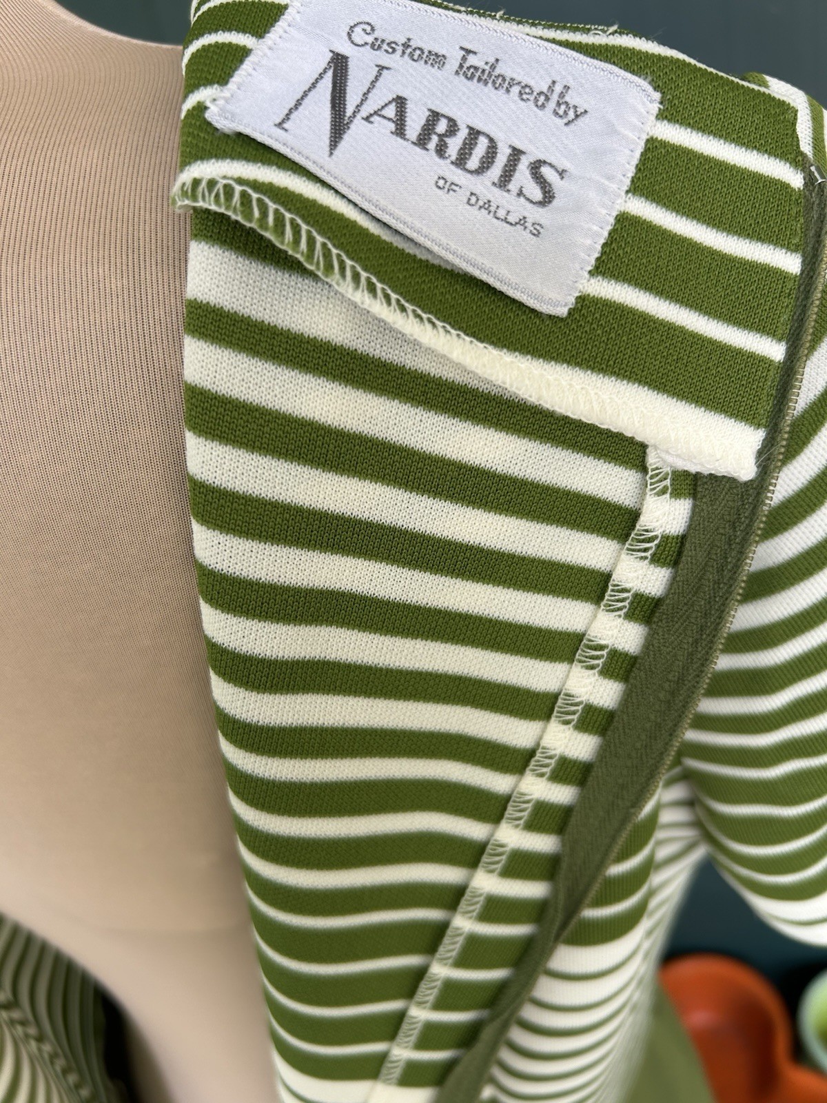 Vintage 60s Dress Avocado Green Striped Nardis Of Dallas Mod Preppy Mad Men