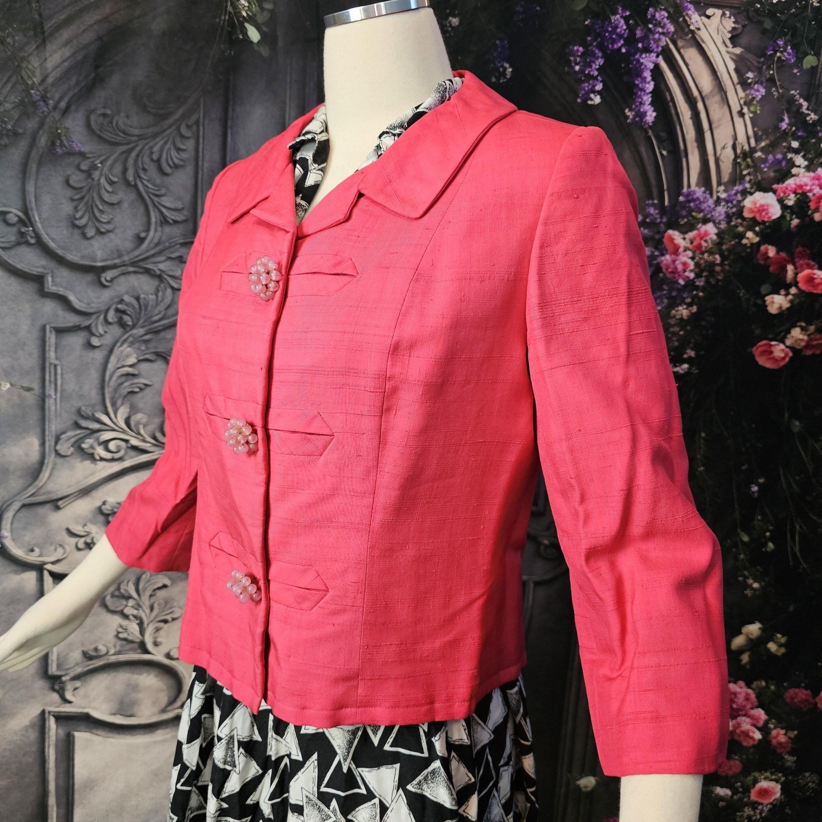 Vintage 1960’s Jacket Bright Pink Half Sleeve Beaded Buttons Blazer Barbie
