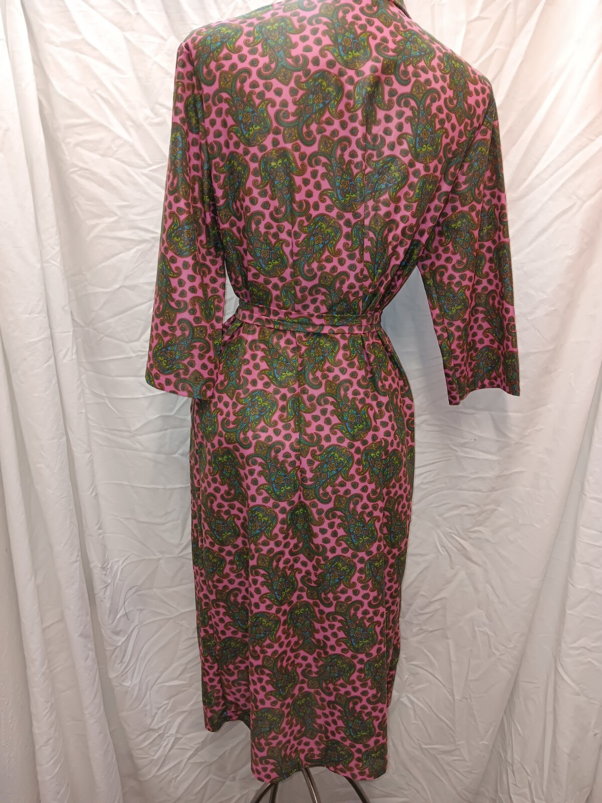 60s Pink Dark Green Blue Paisley Jersey Nylon Button Front Dress by Solida M/L