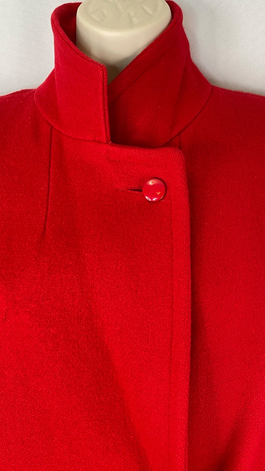 Vintage 1970s red wool trench coat jacket XS S long collar pea pockets JILL JR