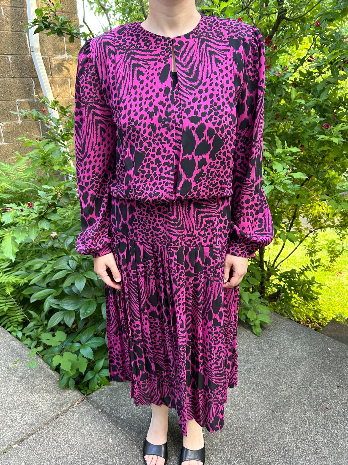 80s John Roberts Animal Print Dress Pink Black Vintage Long Sleeve Size M