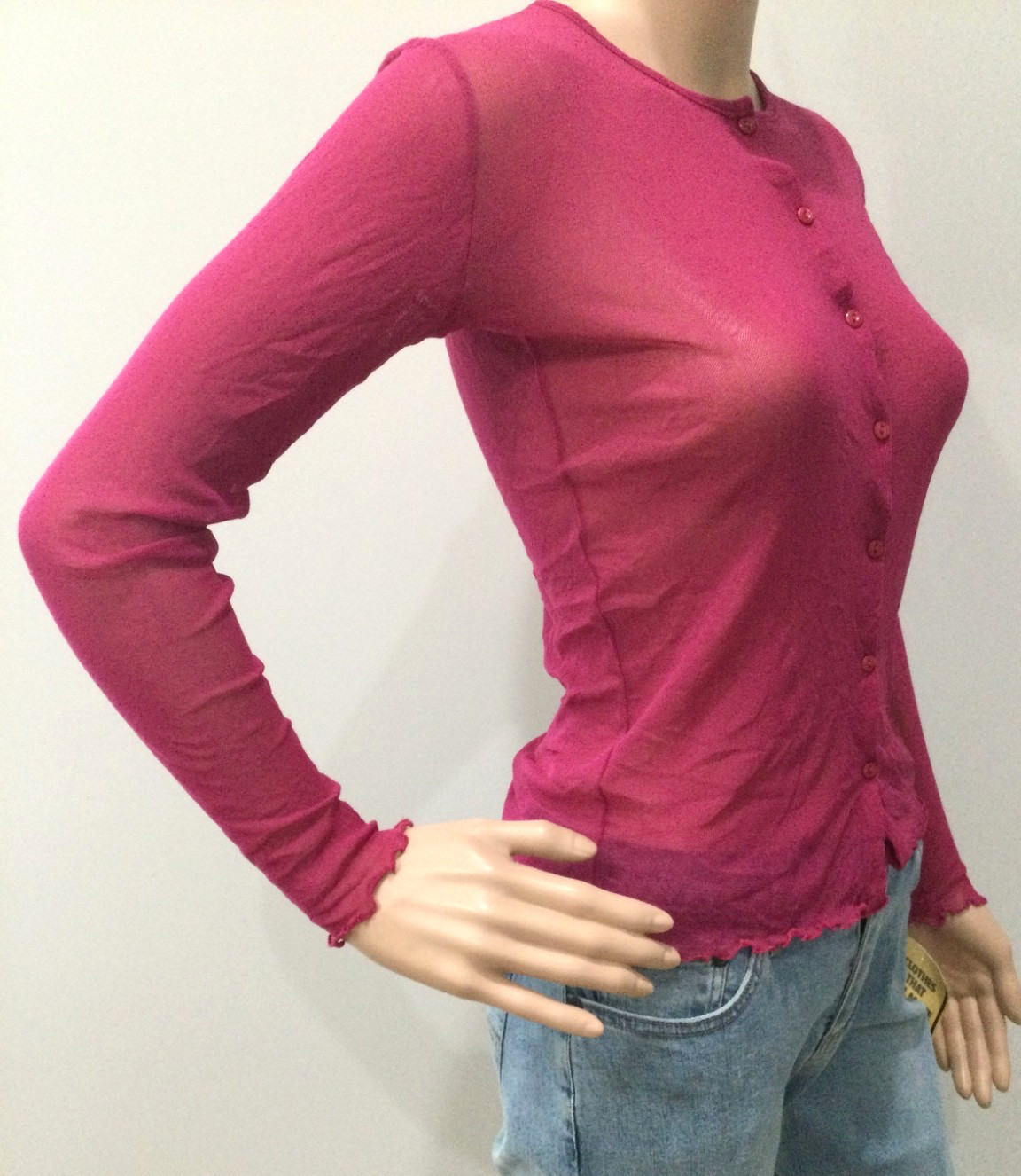 Vintage Hanky Panky NWT Sheer Mesh Cardigan Pink Button Front Lettuce Hem S Y2K