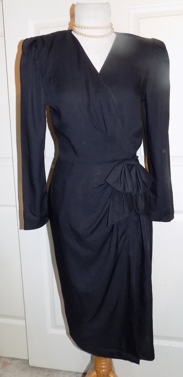 Vintage 80s Black Wrap Dress Jonathan Martin Size 7 / 8 B36