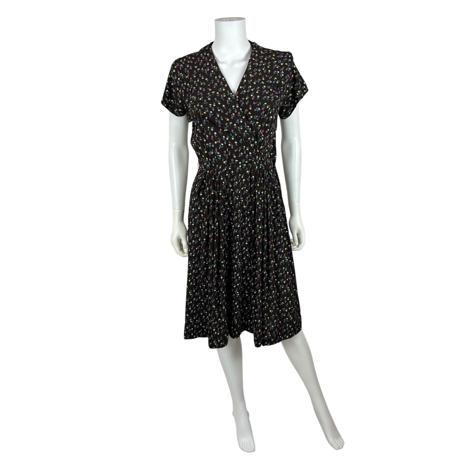 Vintage 40s Floral Dress Womens Small Rayon Daisy Print Surplice Neckline