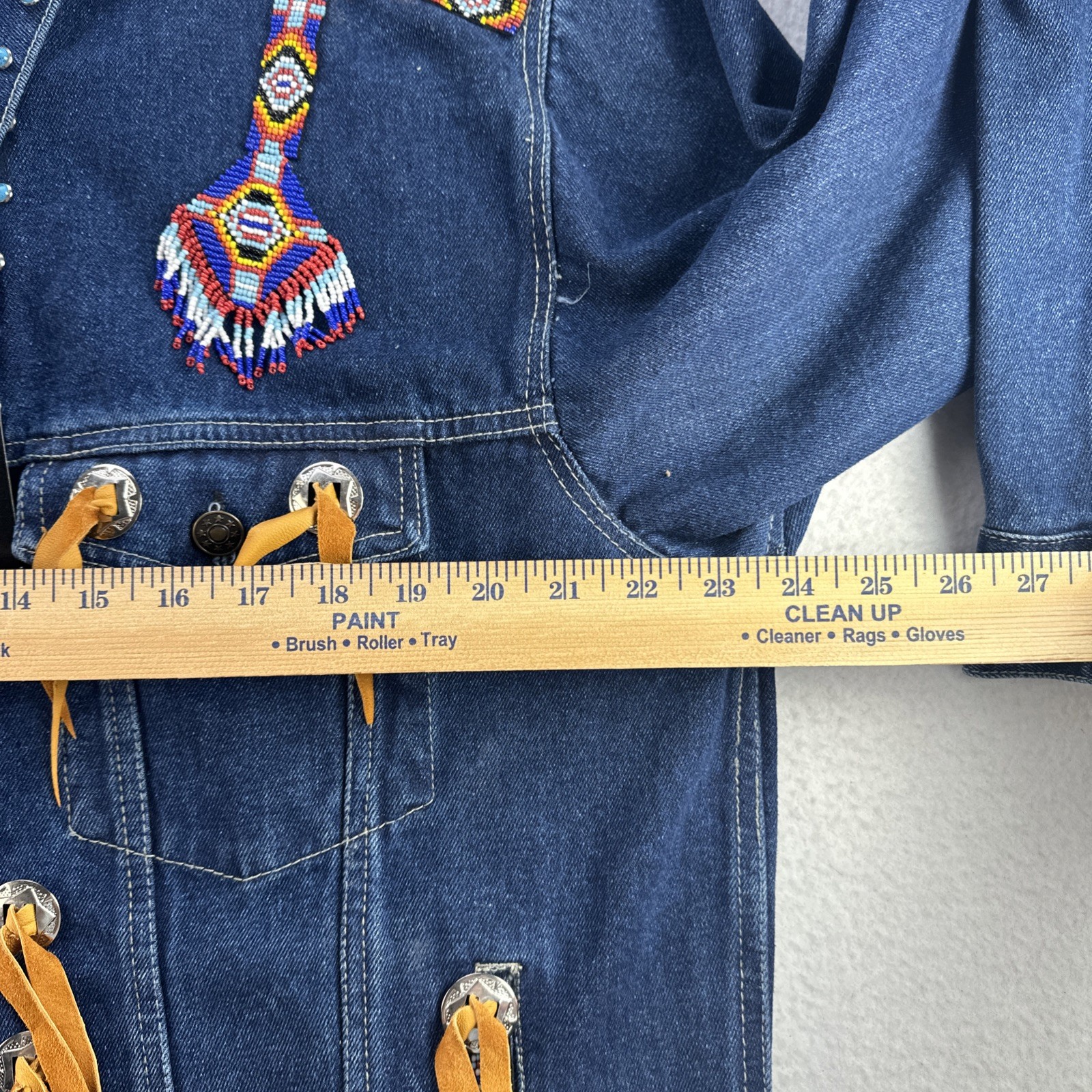 VTG NWT Western Denim Jacket Sz L Beaded Fringe Turquoise Concho Rodeo Southwest