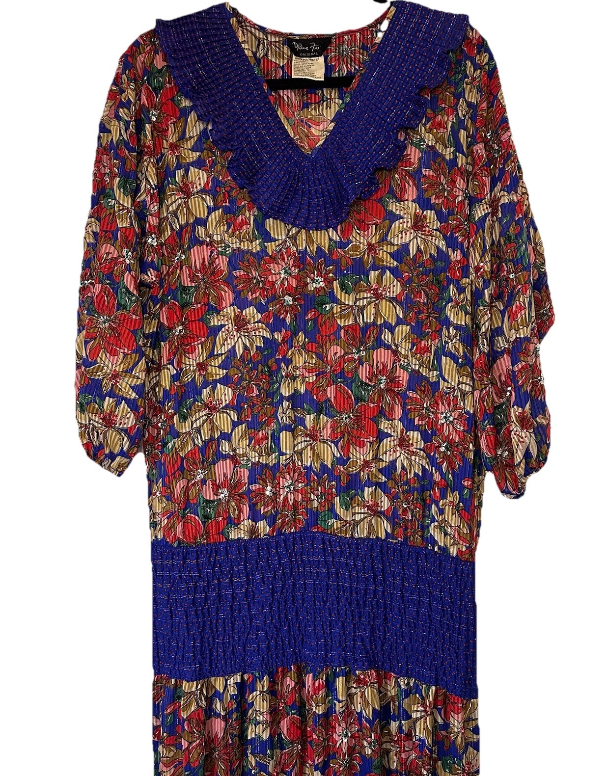 Diane Freis Drop Waist Dress XL Vintage Long Maxi Beaded Floral Ruffle Neckline