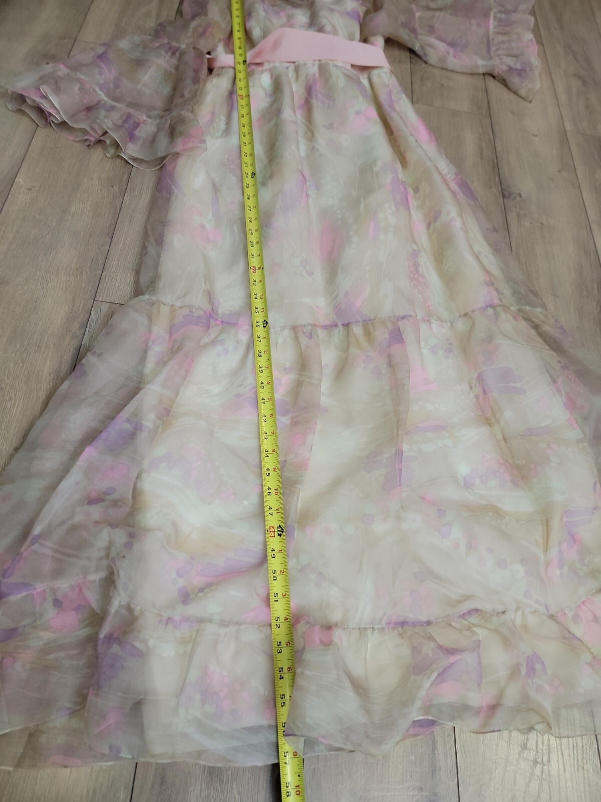 VTG’60s KIKI HART Pastel Floral Print Chiffon Evening Dress/Angel Sleeves